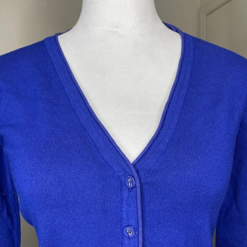 Zara Cobalt Blue V-Neck Button Up Cardigan Knit Sweater Cotton Blend Royal Blue